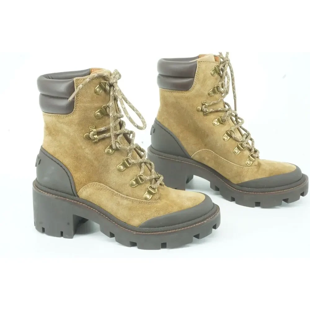 Tory Burch Suede Hiker High Heel Ankle Boots Size 7 Lug Logo $440 Lace Up
